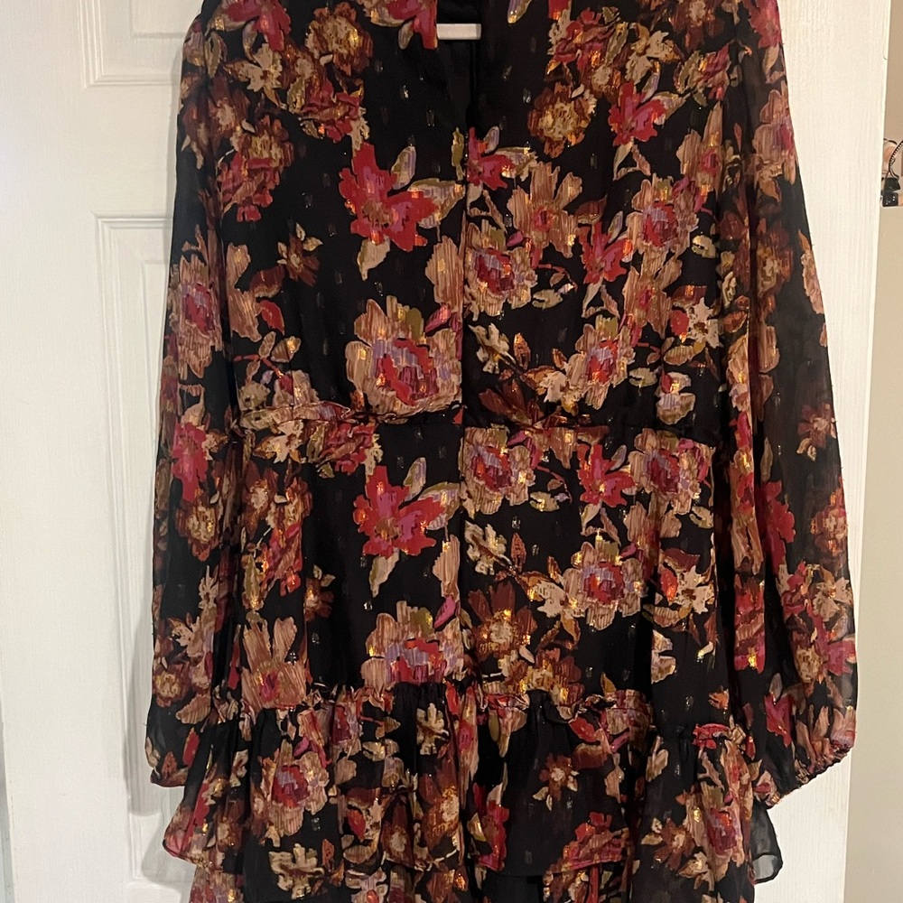 Aqua Pink and Red Mini Dress with Long Sleeves and Ruffled Style